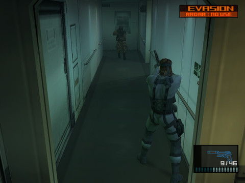 Solid Snake sneaking down a cargo ship hallway.