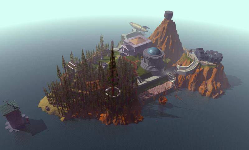 A 3D rendered image of the island of Myst.