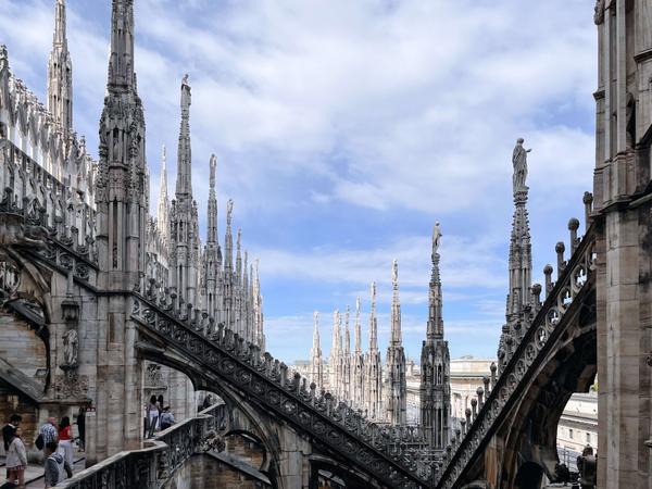 View from the Duomo looking out at the saint-topped spires.