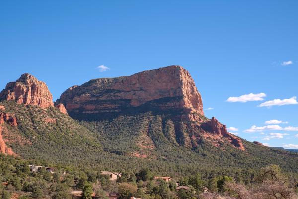 One of the famous Sedona buttes, looming over a neighborhood.